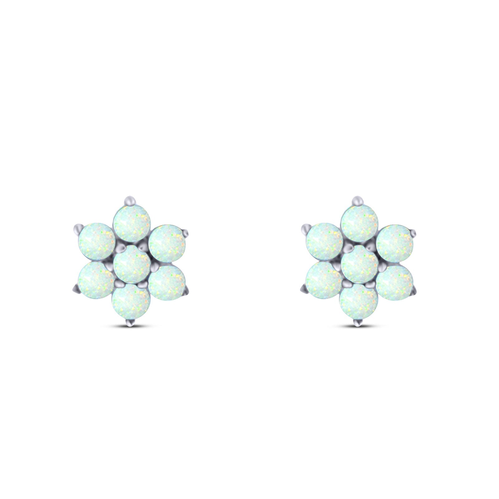 Art Deco Round Flower Design Stud Earring Created White Opal Solid 925 Sterling Silver (6.3mm)