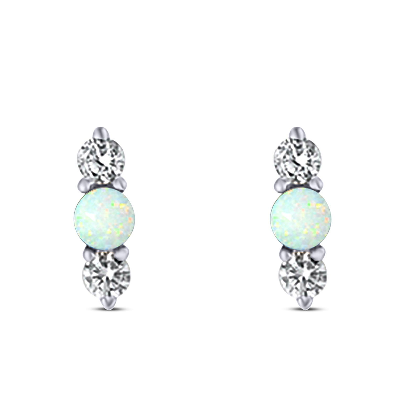 Art Deco Three Stone Stud Earring Simulated Cubic Zirconia Created White Opal Solid 925 Sterling Silver (9mm)