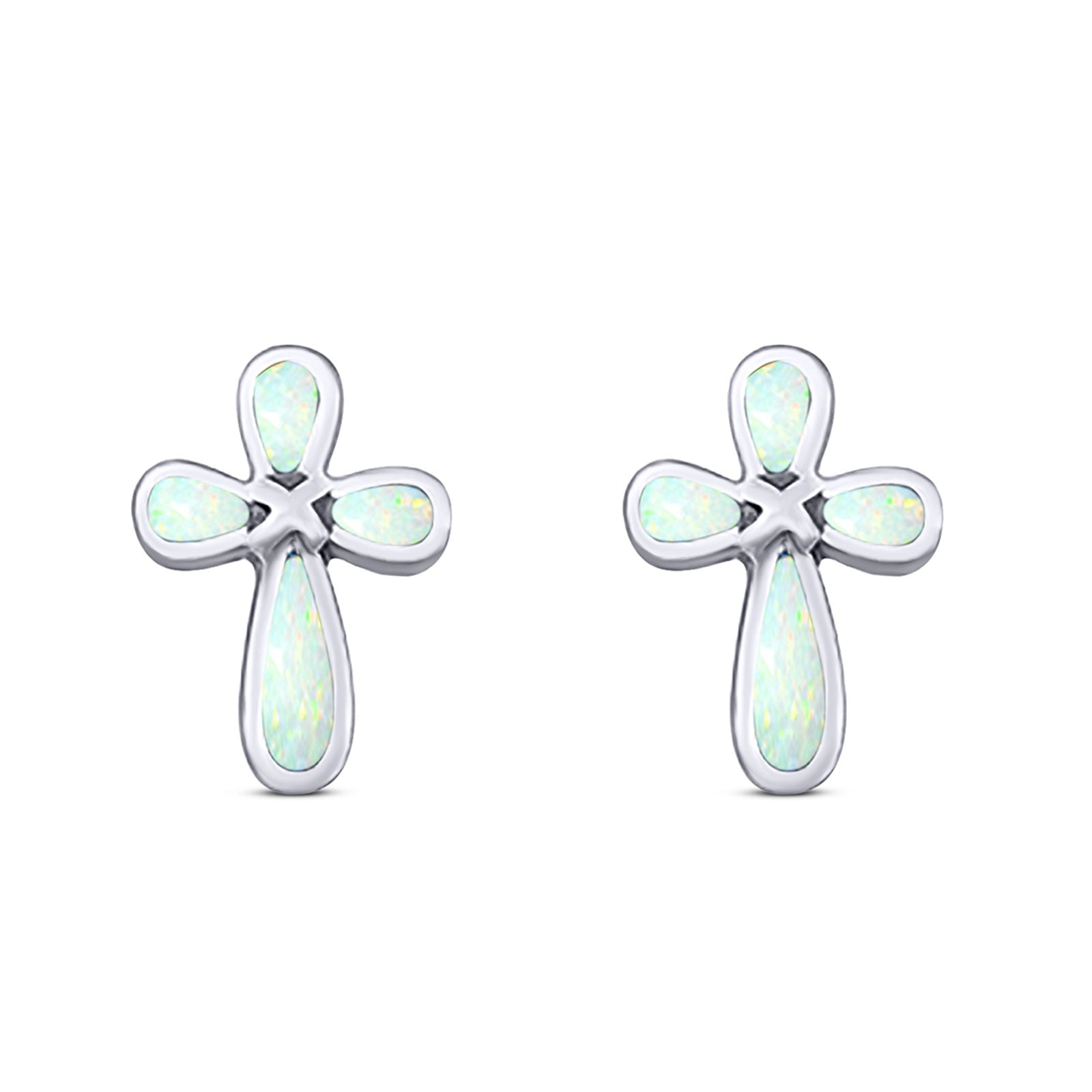 Cross Stud Earring Created White Opal Solid 925 Sterling Silver (12.6mm)
