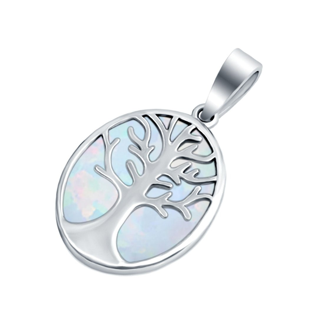 Tree of Life Charm Pendant Lab Created White Opal 925 Sterling Silver