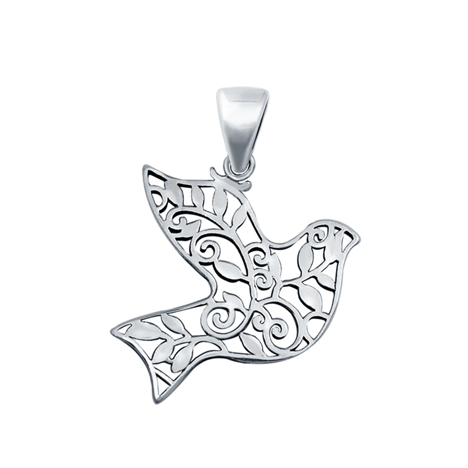 Dove Bird & Flowers Charm Pendant Flowers Round 925 Sterling Silver