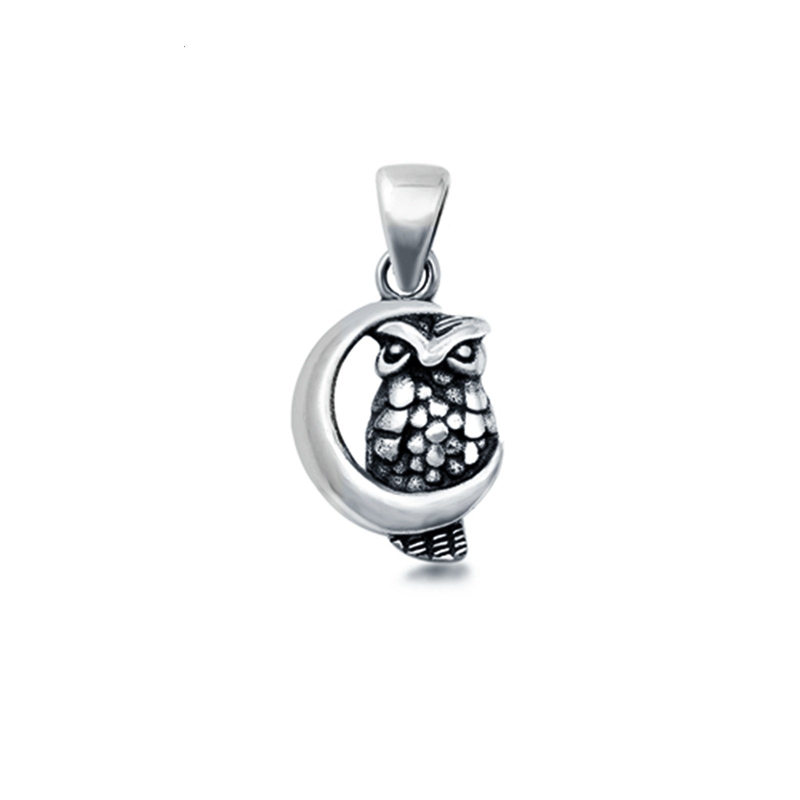 Owl & Moon Charm Pendant Round 925 Sterling Silver