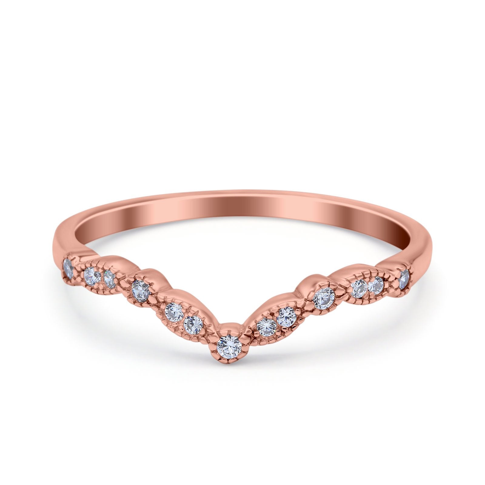 Curved Marquise Half Eternity Stackable Ring Rose Tone, Simulated Cubic Zirconia 925 Sterling Silver