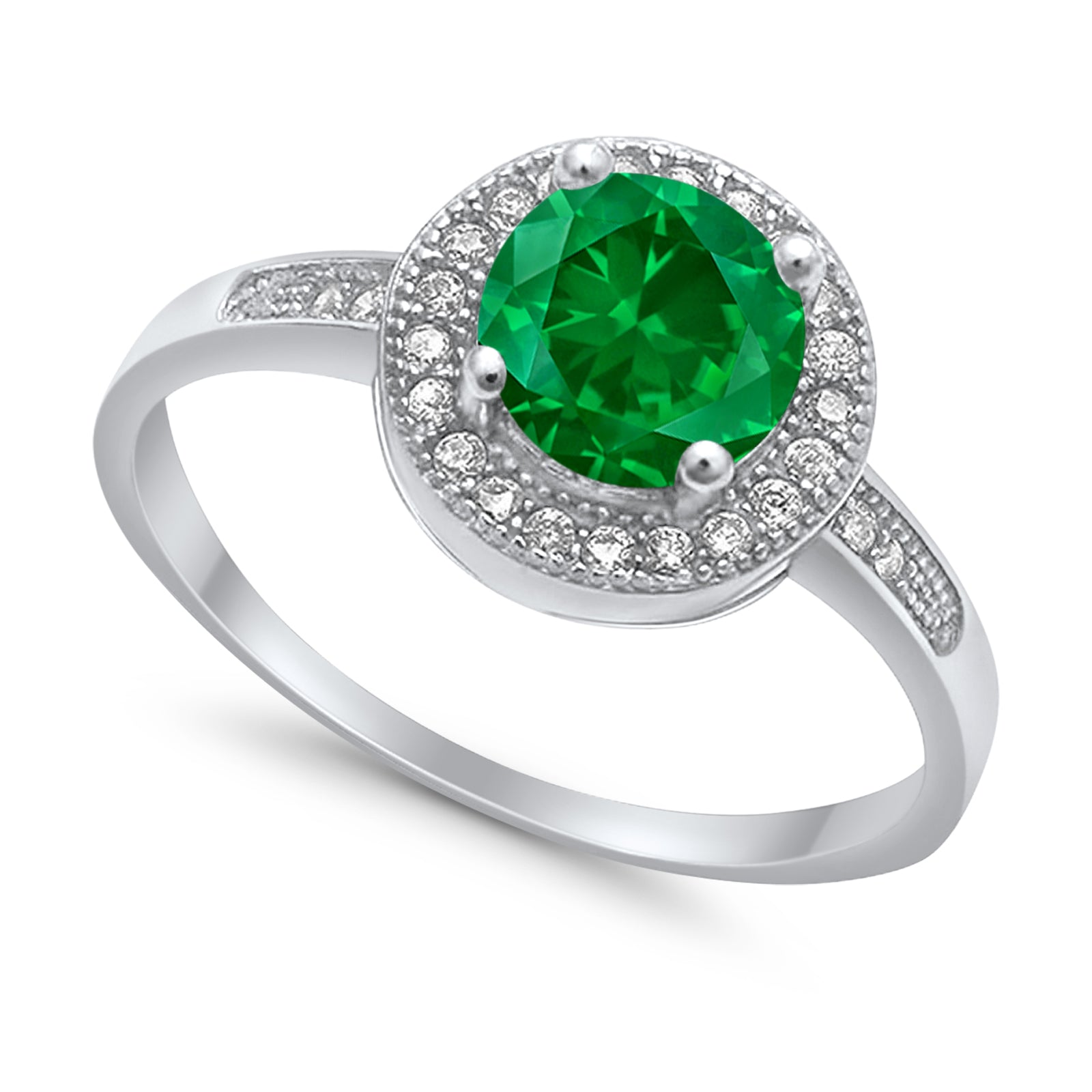 Halo Engagement Ring Round Simulated Green Emerald CZ 925 Sterling Silver
