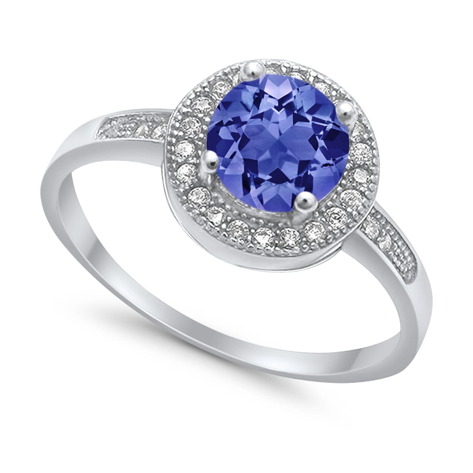 Halo Engagement Ring Round Simulated Tanzanite CZ 925 Sterling Silver