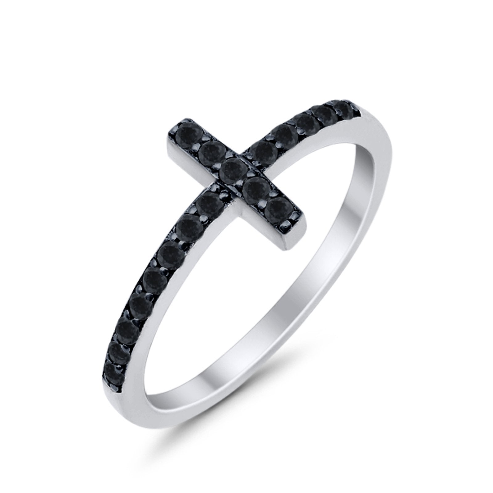 Wedding Eternity Sideways Cross Rings Simulated Black CZ 925 Sterling Silver