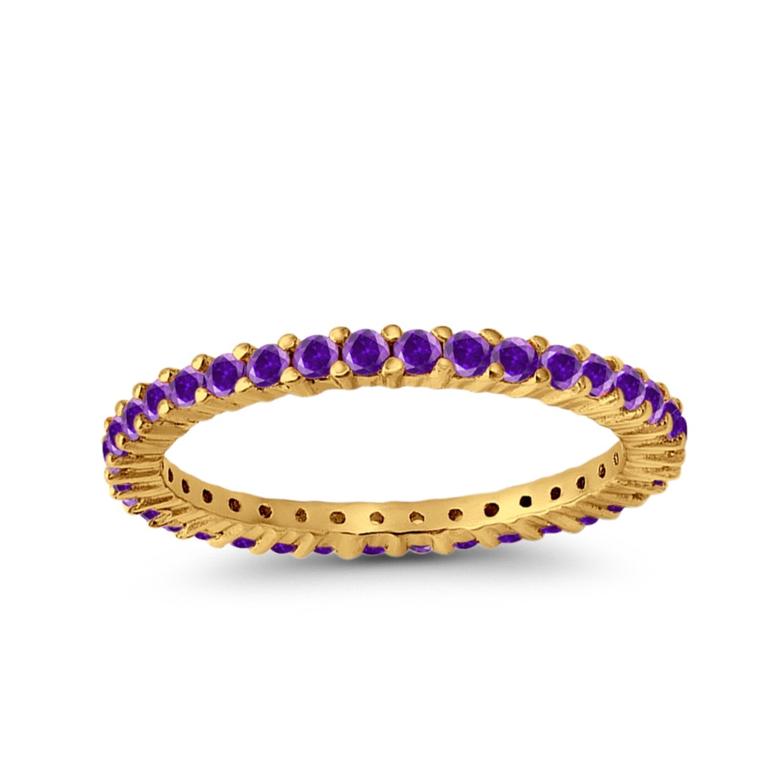 Full Eternity Wedding Band Round Yellow Tone, Simulated Amethyst CZ Ring 925 Sterling Silver