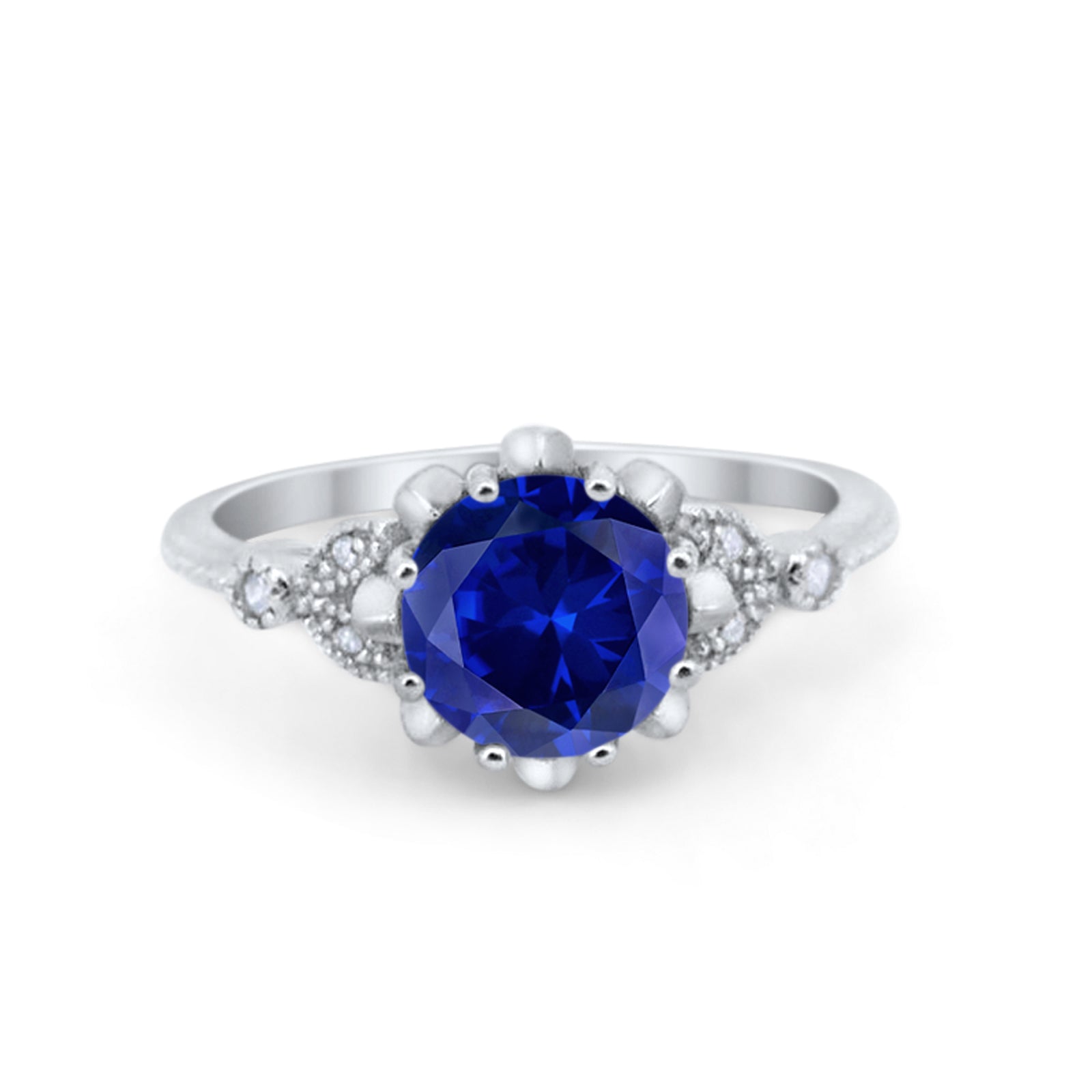 Art Deco Design Fashion Ring Round Simulated Blue Sapphire CZ 925 Sterling Silver