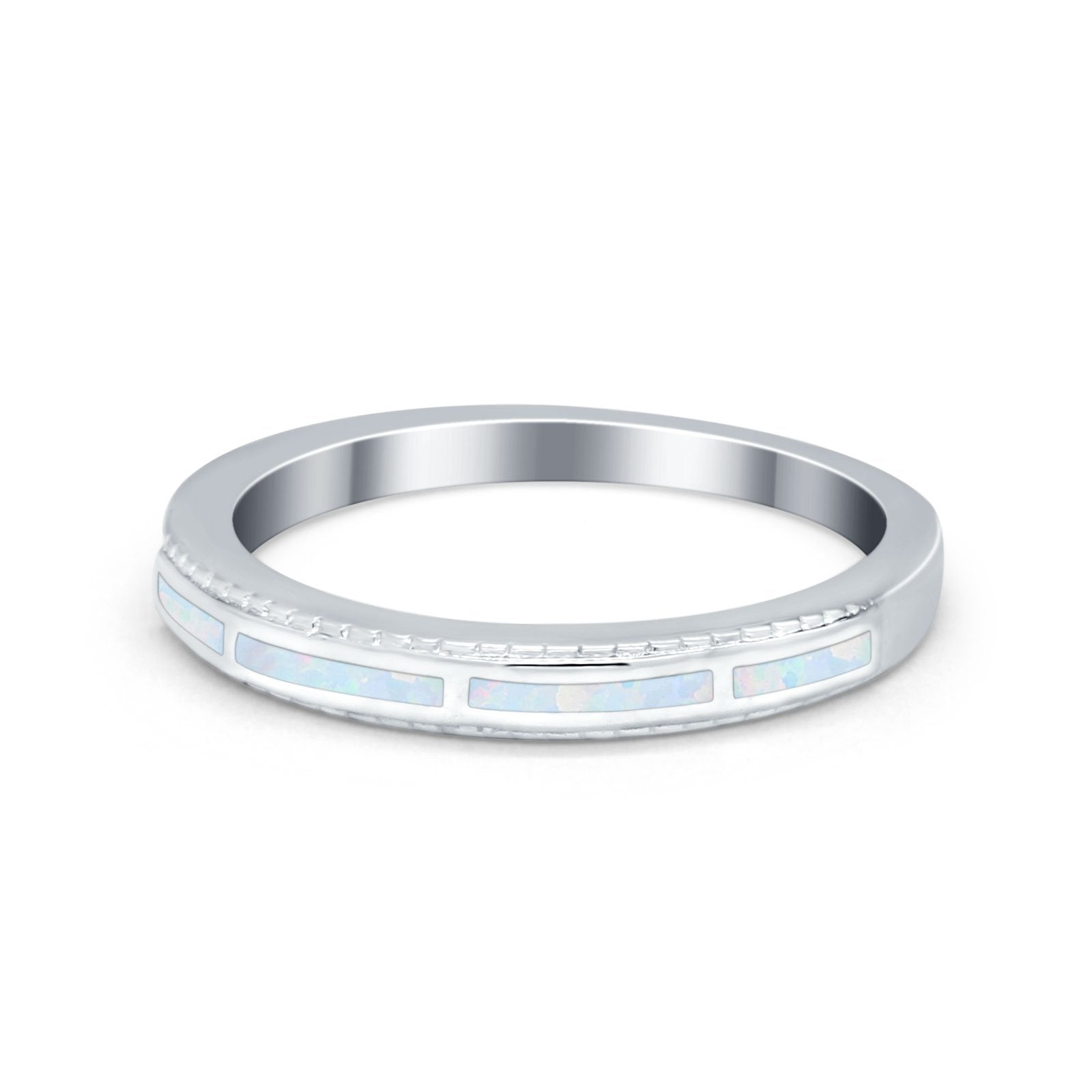 Wedding Band Rings Stackable Eternity Lab Created White Opal Round 925 Sterling Silver