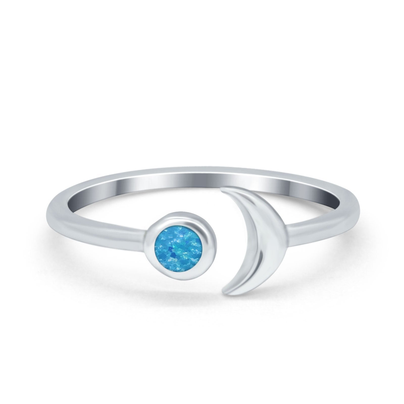 Petite Dainty Moon Cresent Ring Lab Created Blue Opal 925 Sterling Silver
