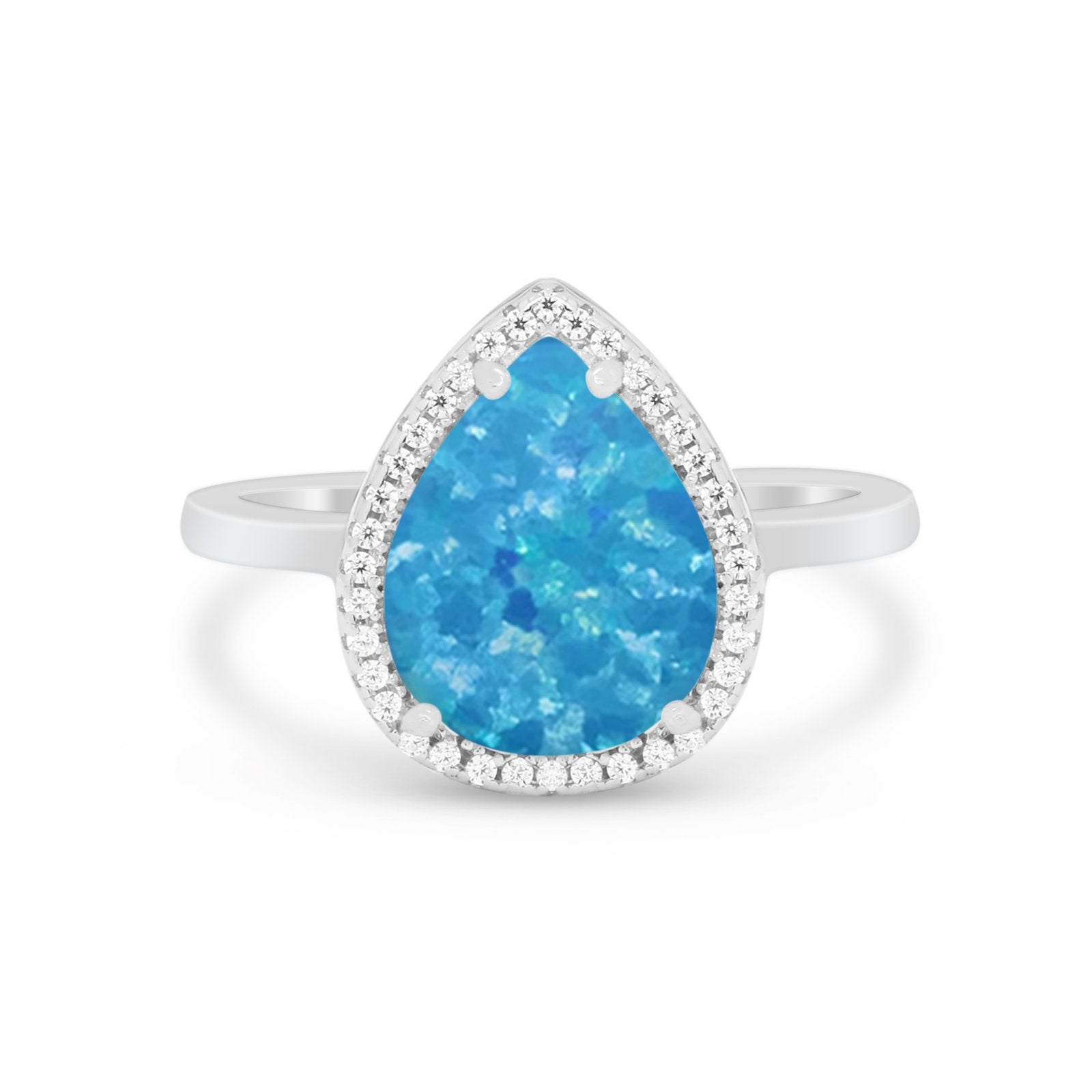 Halo Teardrop Wedding Ring Pear Round Lab Created Blue Opal 925 Sterling Silver