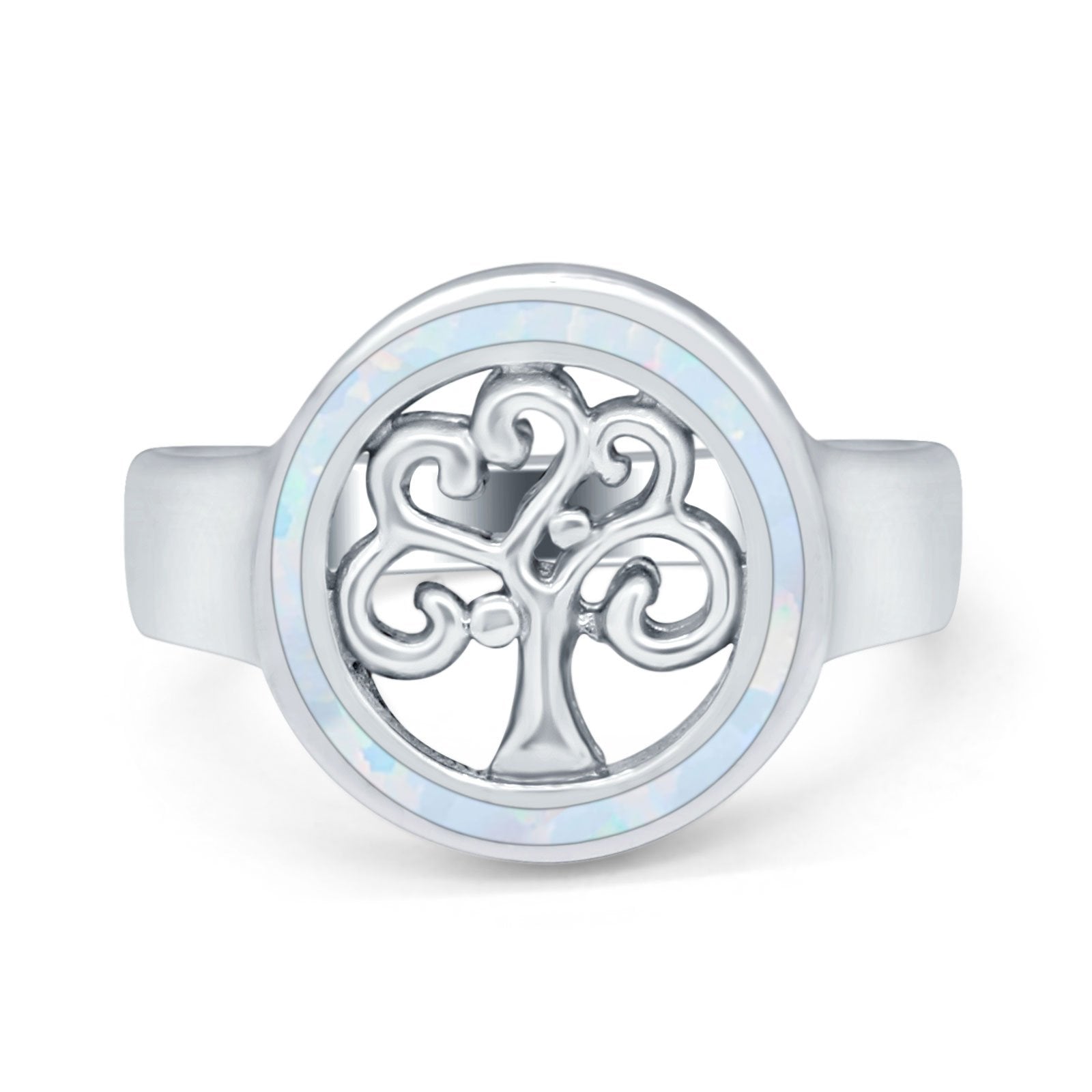 Tree of Life Band Ring Lab Created White Opal 925 Sterling Silver