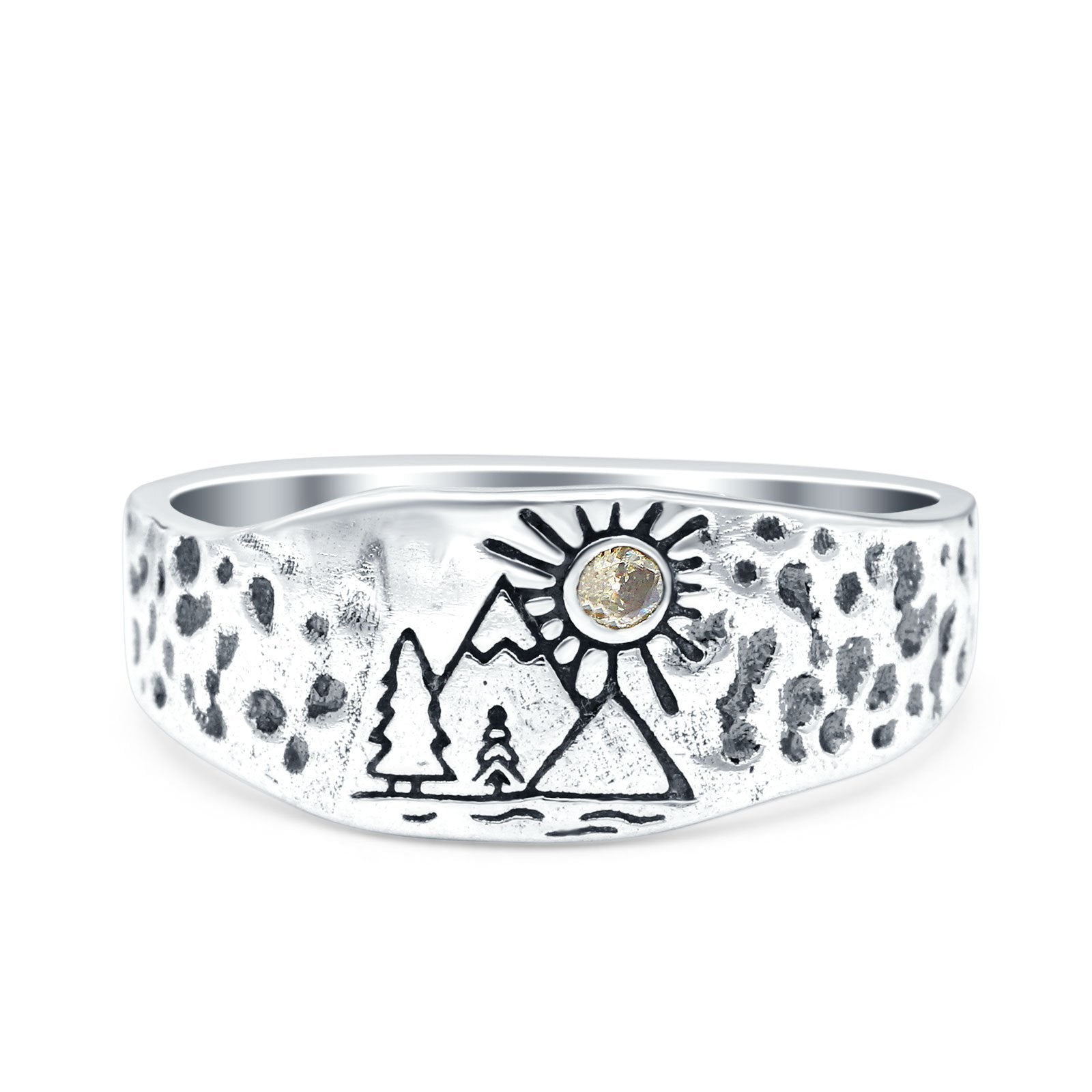 Mountains, Trees Sun Oxidized Band Solid 925 Sterling Silver Thumb Ring (8mm)