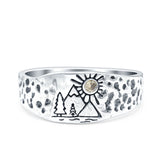 Mountains, Trees Sun Oxidized Band Solid 925 Sterling Silver Thumb Ring (8mm)