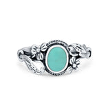 Oxidized Finish Flower Oval Round Simulated Turquoise Ring 925 Sterling Silver