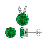 Jewelry Set Pendant Earring Round Simulated Green Emerald Cubic Zirconia 925 Sterling Silver