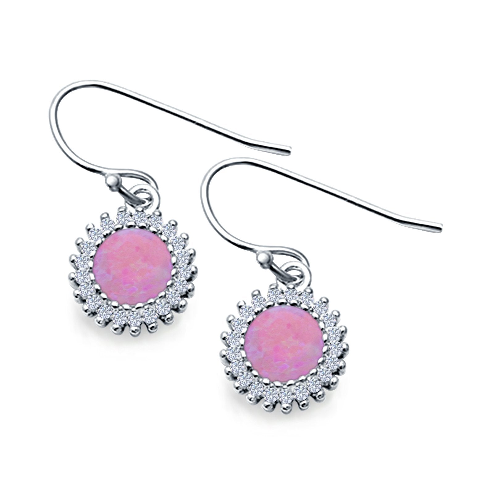 Halo Drop Dangle Fish-Hook Earrings Round Lab Created Pink Opal 925 Sterling Silver