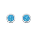 Solitaire Bezel Stud Earrings Round Lab Created Blue Opal 925 Sterling Silver(0.25mm)