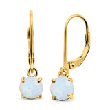 Round Yellow Tone, Lab Created White Opal Leverback Earrings 925 Sterling Silver (25.4mm)