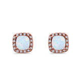 Halo Cushion Engagement Earrings Rose Tone, Lab Created White Opal 925 Sterling Silver