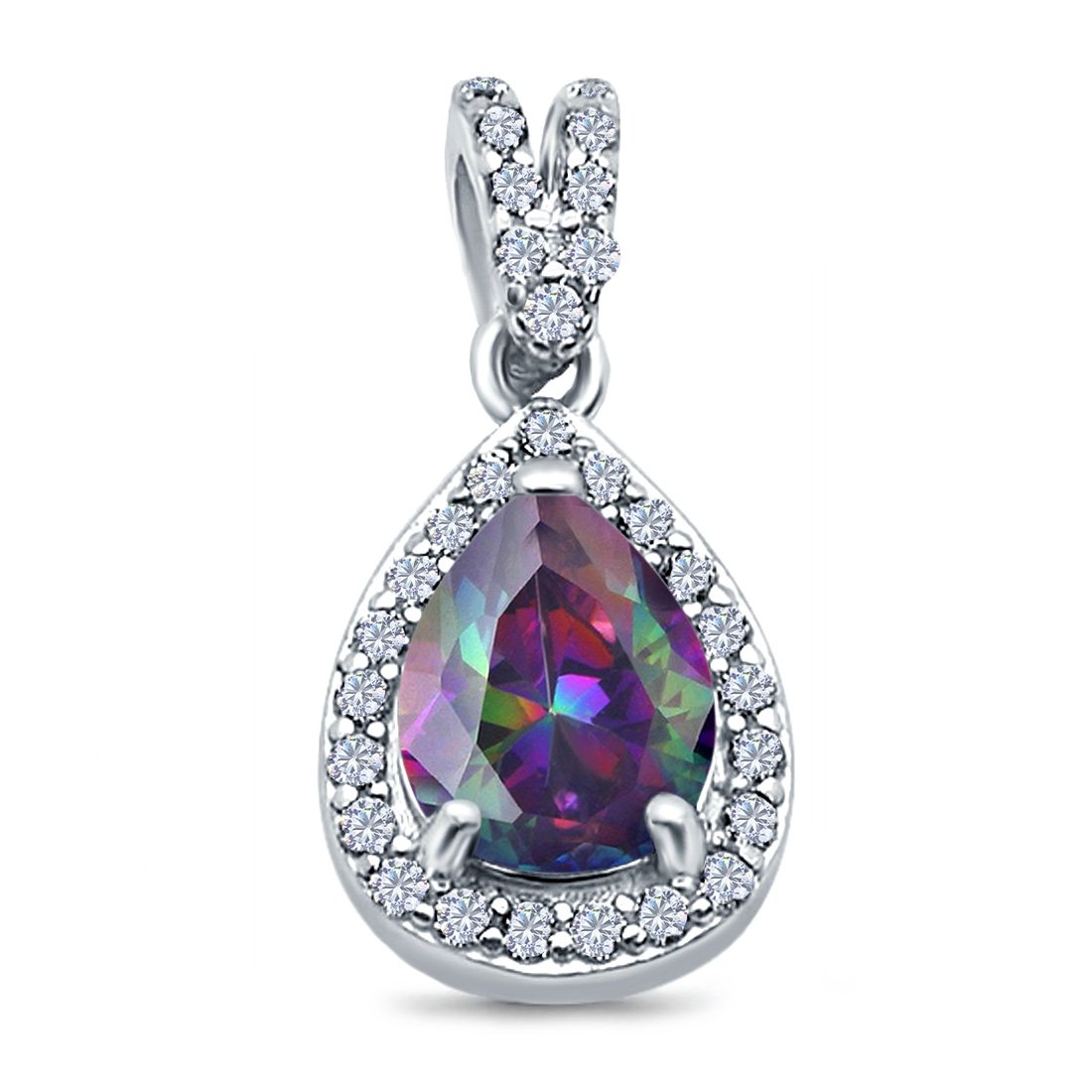 Pear Shape Simulated Rainbow CZ Pendant for Necklace 925 Sterling Silver
