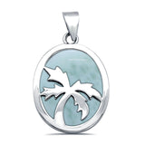 Solid Larimar with Palm Tree Design .925 Sterling Silver Charm Pendant