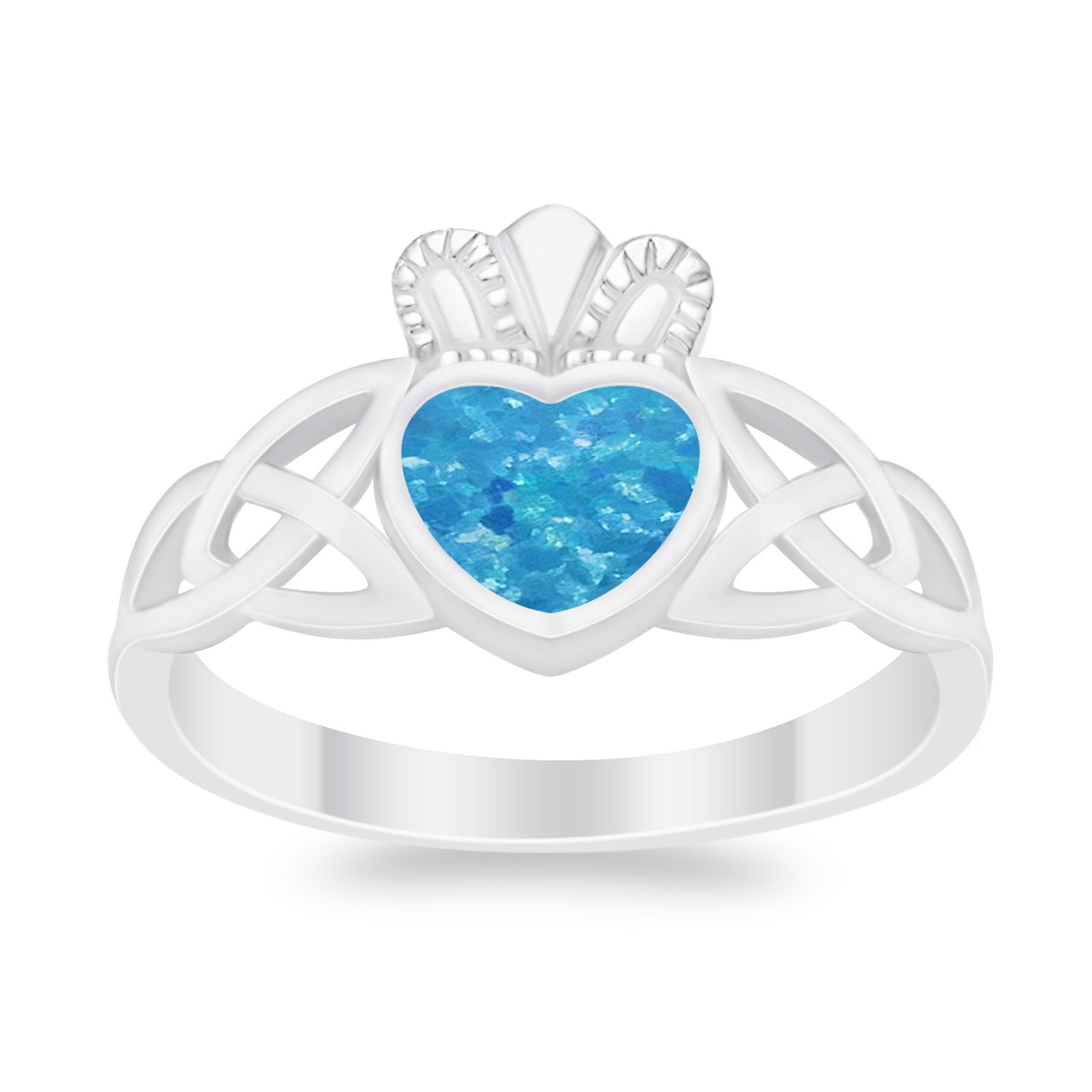 Heart Irish Claddagh Design Ring Lab Created Blue Opal 925 Sterling Silver