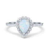 Teardrop Pear Halo Engagement Ring Lab Created White Opal 925 Sterling Silver