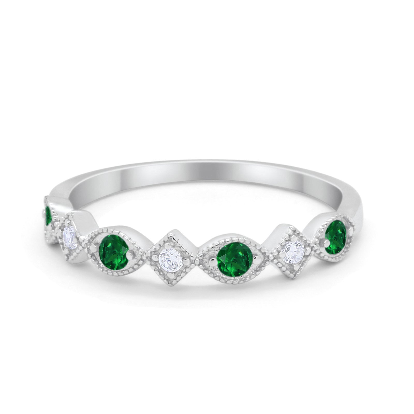 Art Deco Stacking Half Eternity Wedding Ring Simulated Green Emerald CZ 925 Sterling Silver