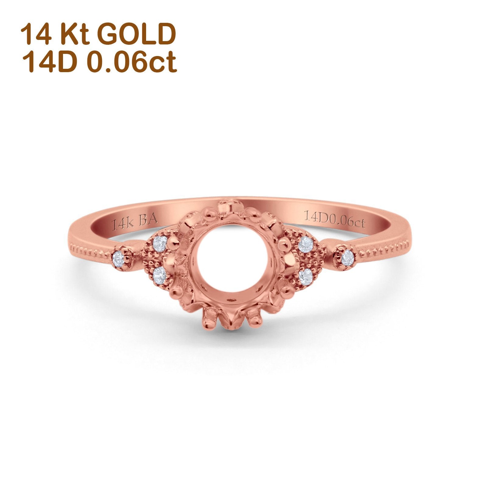 14K Rose Gold 0.06ct Round Art Deco Fashion 7mm G SI Semi Mount Diamond Engagement Wedding Ring