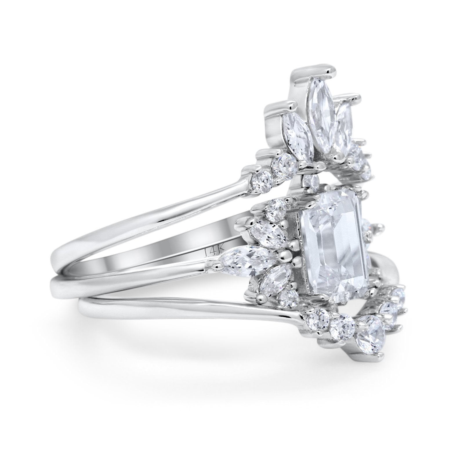 14K White Gold Emerald Cut Trio Set Engagement Rings Three Piece Brida –  Blue Apple Imports