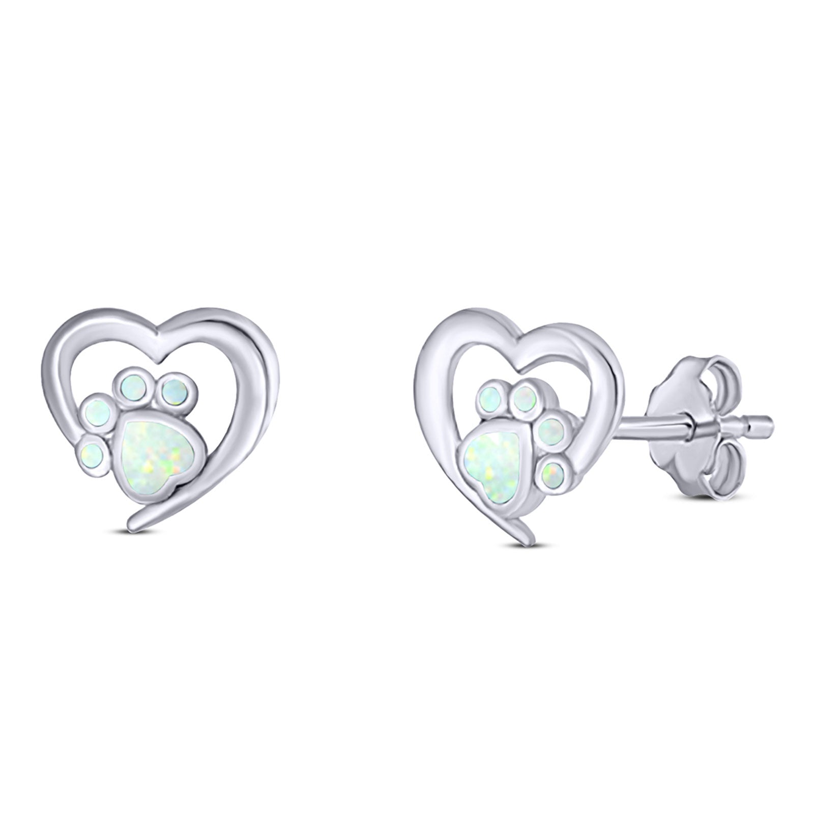Heart & Paw Print Stud Earring Created Opal White Solid 925 Sterling Silver (9.1mm)