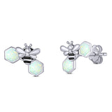 Lucky Honey Bee Print Stud Earring Created White Opal Solid 925 Sterling Silver (8.7mm)