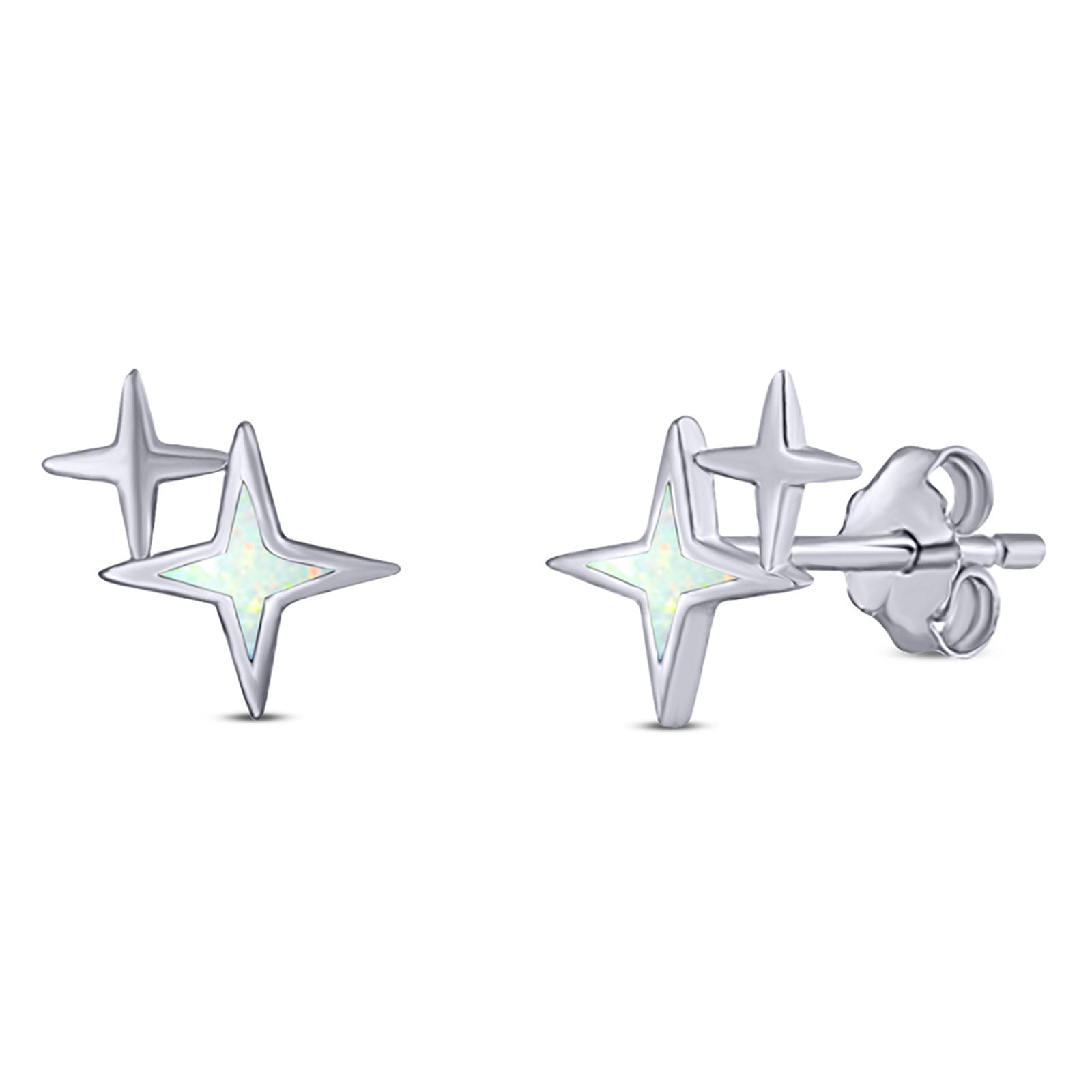 North Star Stud Earring Created White Opal Solid 925 Sterling Silver (10.4mm)