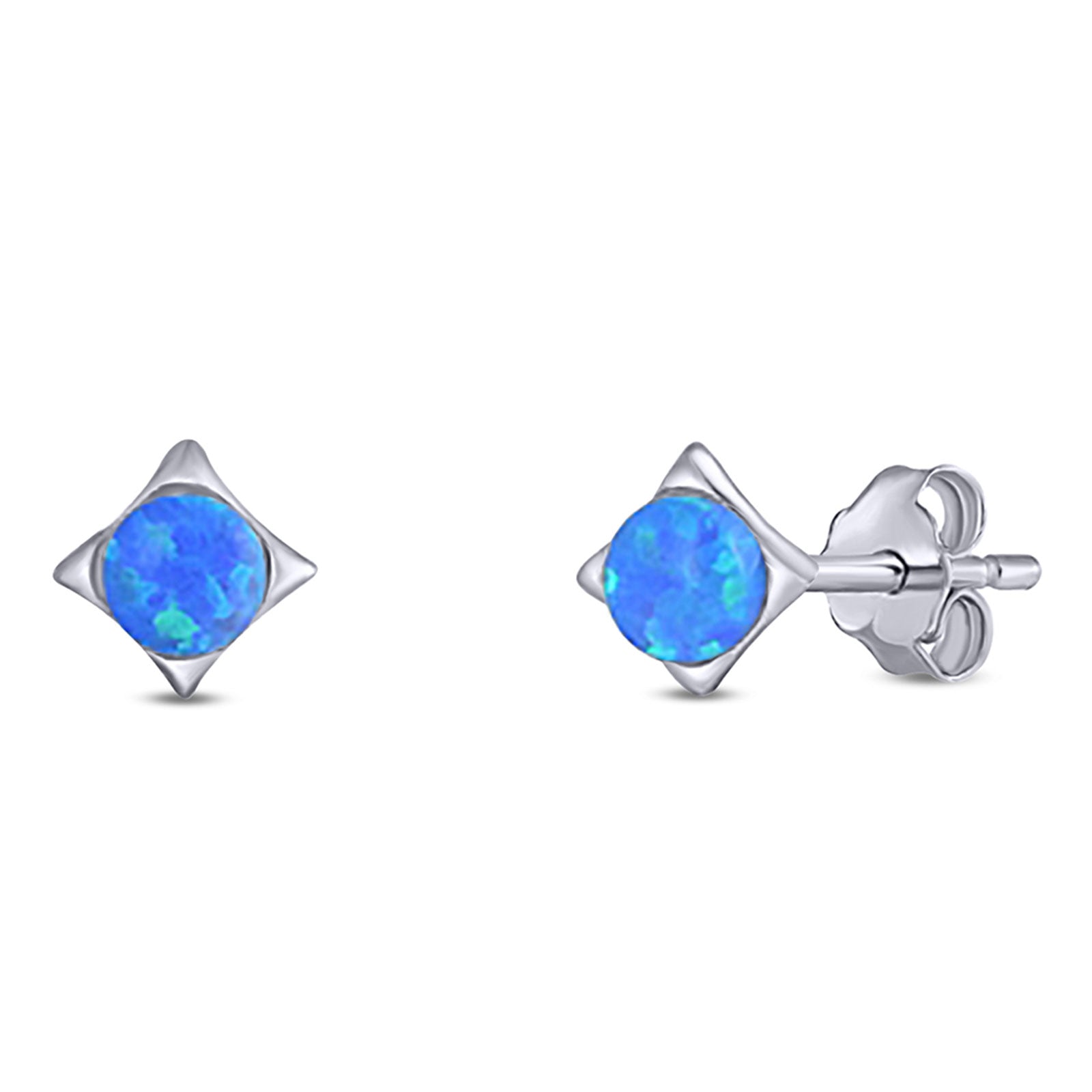 Square Round Created Blue Opal Solid 925 Sterling Silver (4.6mm)