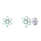 Art Deco Round Flower Design Stud Earring Created White Opal Solid 925 Sterling Silver (6.3mm)