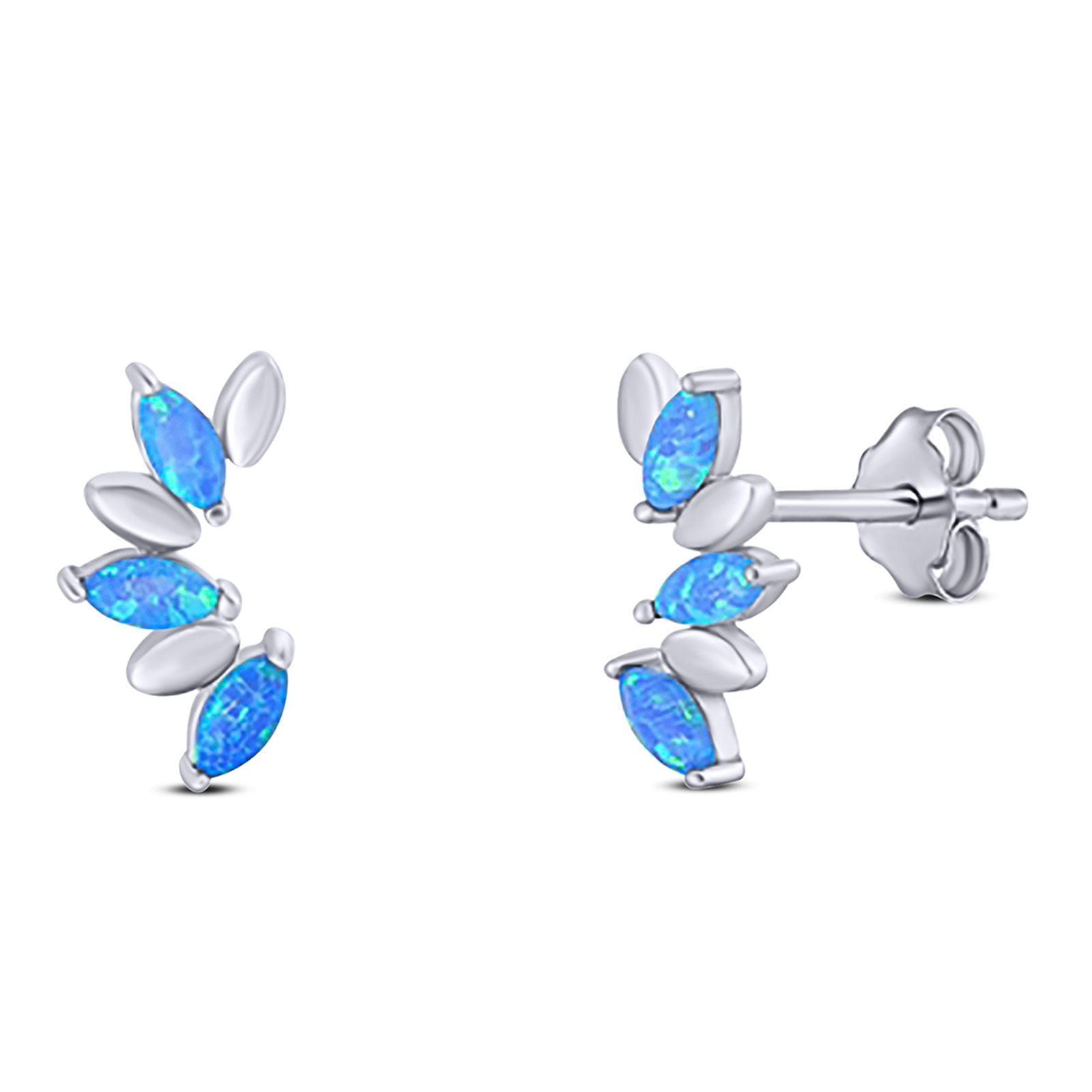 Art Deco Marquise New Style Stud Earring Created Blue Opal Solid 925 Sterling Silver (11.6mm)