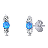 Art Deco Three Stone Stud Earring Simulated Cubic Zirconia Created Blue Opal Solid 925 Sterling Silver (9mm)