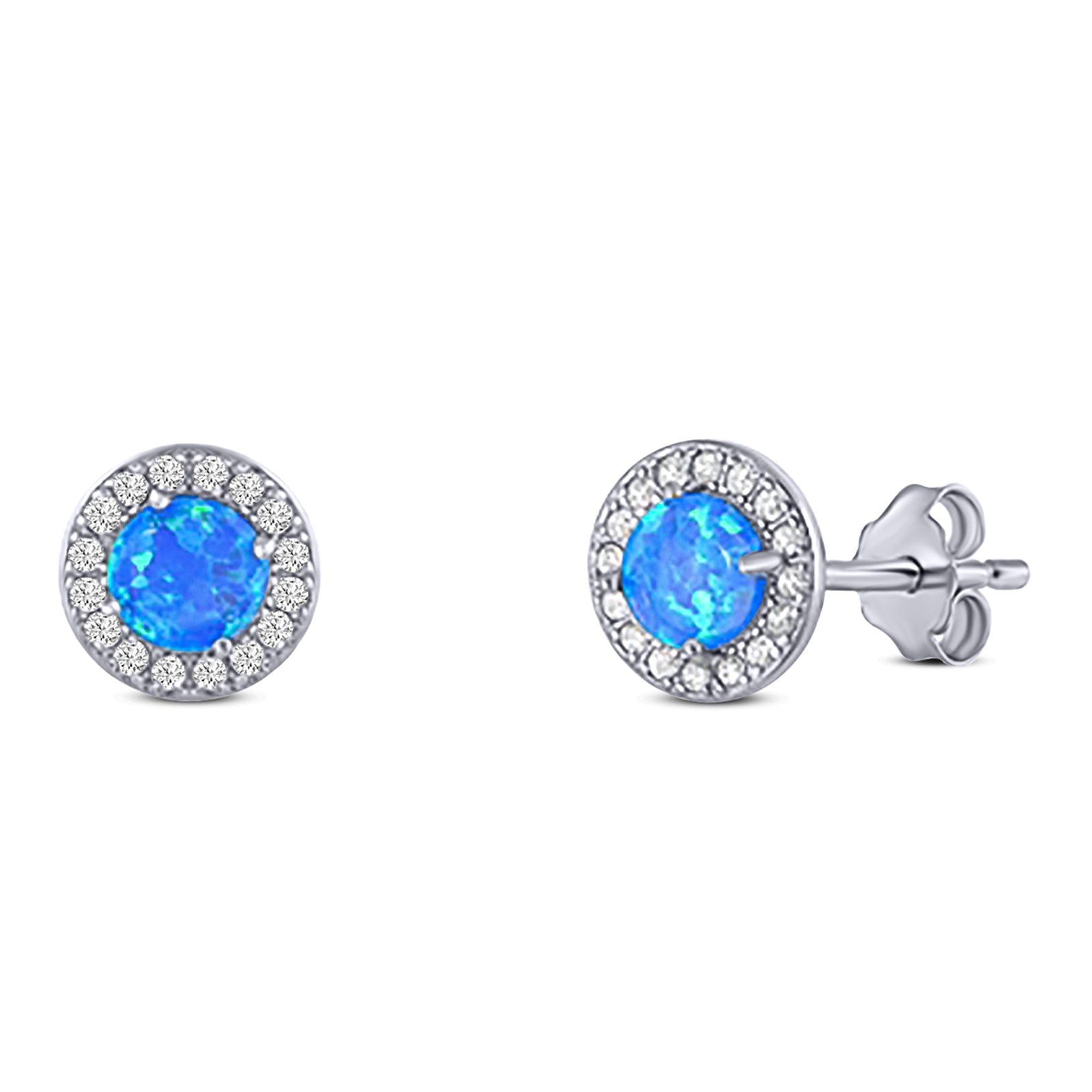 Halo Art Deco Stud Earring Round Simulated Cubic Zirconia Created Blue Opal Solid 925 Sterling Silver (8.2mm)