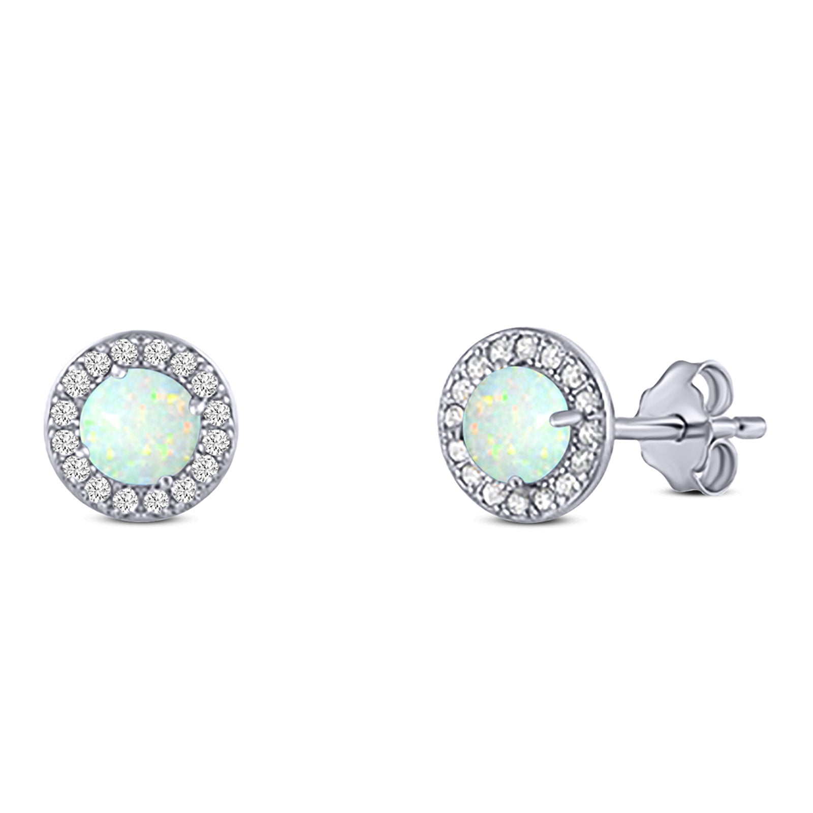 Halo Art Deco Stud Earring Round Simulated Cubic Zirconia Created White Opal Solid 925 Sterling Silver (8.2mm)