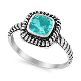 Wedding Ring Square Simulated Paraiba Tourmaline CZ  Oxidized Design Ring 925 Sterling Silver