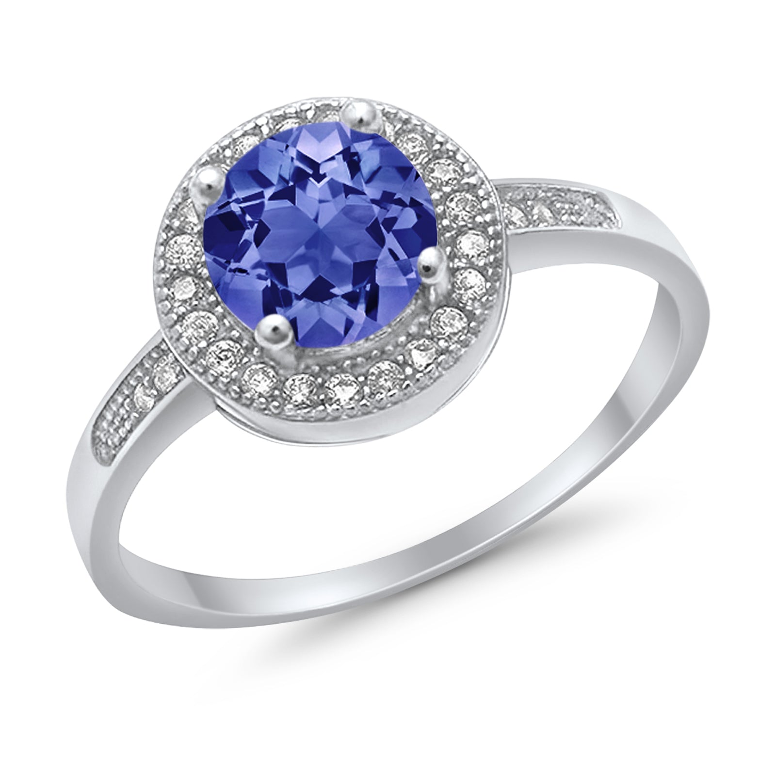 Halo Engagement Ring Round Simulated Tanzanite CZ 925 Sterling Silver