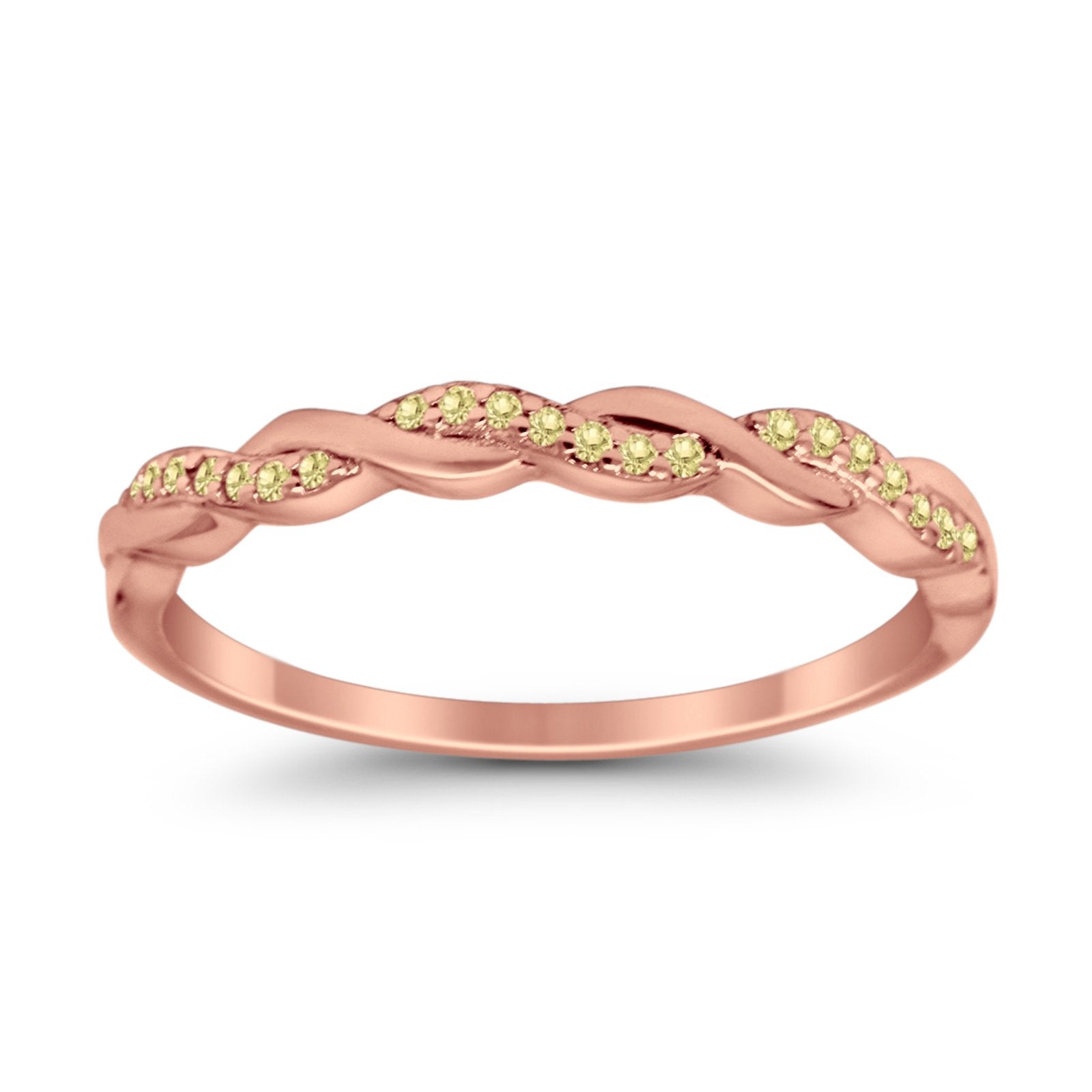 Half Eternity Infinity Twisted Band Rings Rose Tone, Simulated Yellow CZ 925 Sterling Silver
