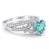 Heart Promise Two Piece Wedding Ring Simulated Paraiba Tourmaline CZ 925 Sterling Silver