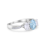 Oval Three Stone Engagement Ring Simulated Aquamarine CZ 925 Sterling Silver