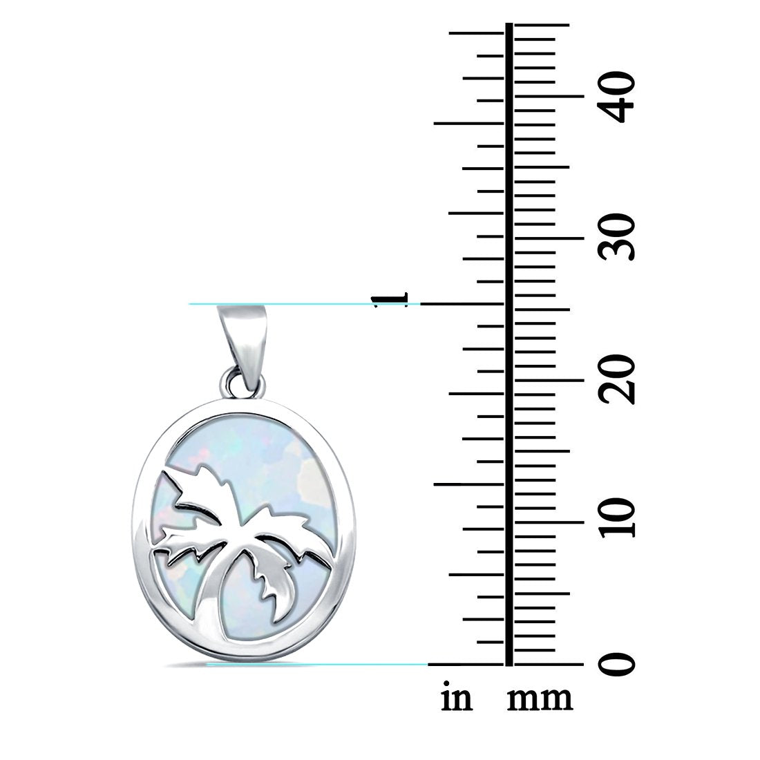 Solid Lab Created White Opal with Palm Tree Design .925 Sterling Silver Charm Pendant