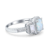 Emerald Cut Halo Engagement Ring Lab Created White Opal 925 Sterling Silver