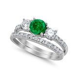 3-Stone Wedding Bridal Piece Ring Round Simulated Green Emerald CZ 925 Sterling Silver