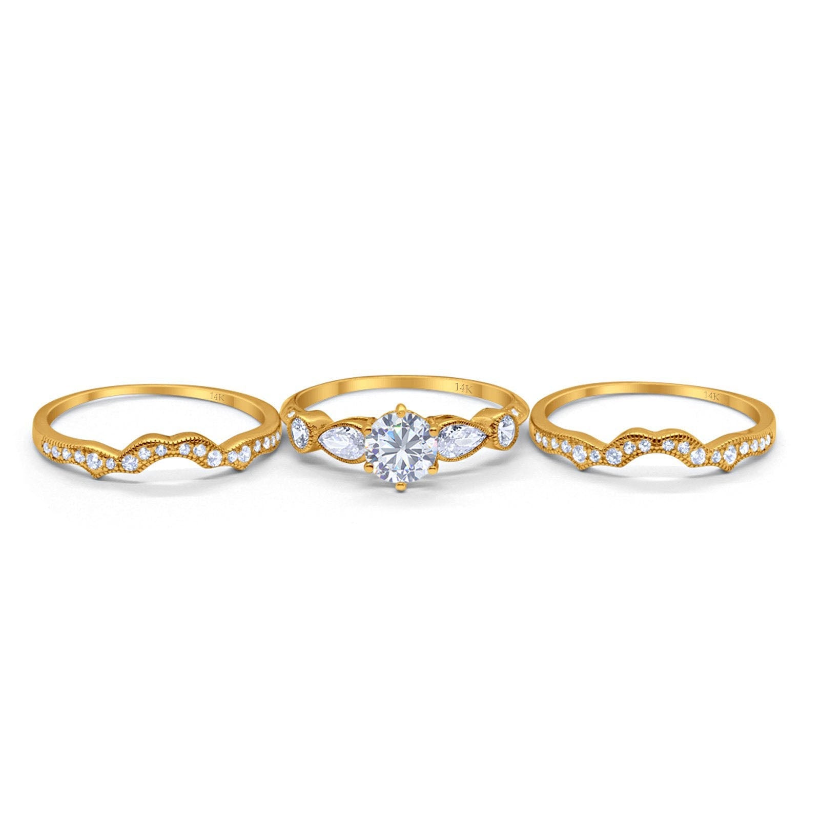 14K Yellow Gold Three Piece Wedding Promise Bridal Set Ring Band Engag –  Blue Apple Imports | Fingerringe