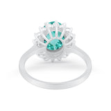 Floral Halo Oval Wedding Engagement Simulated Pariba Tourmaline CZ Ring 925 Sterling Silver